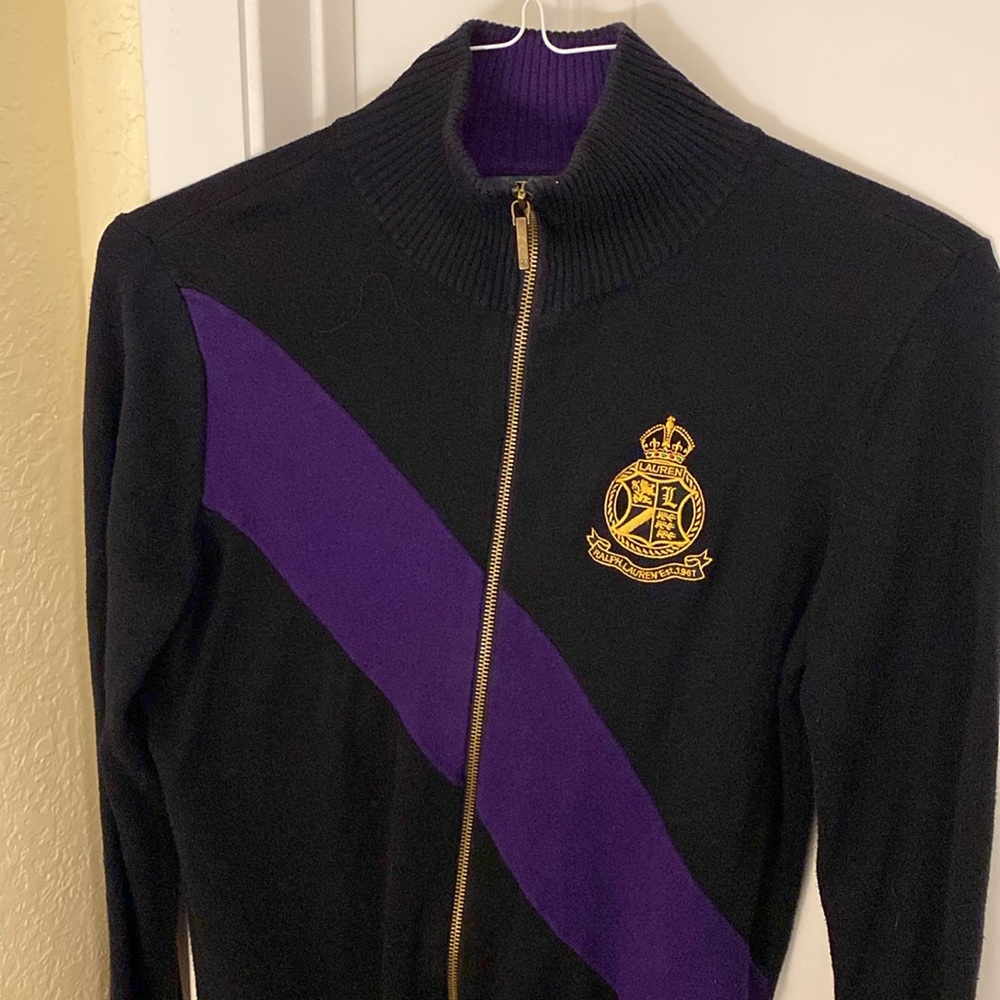 Lauren Ralph Lauren Full Zip Sweater Logo Crest Rugby Striped Size Medium